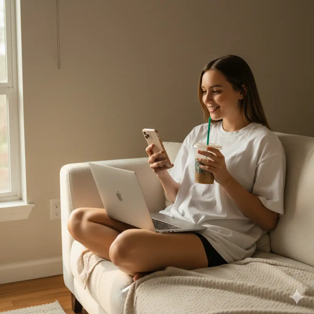 Create a candid, modern lifestyle photo of a young woman sitting comfortably indoors, illuminated by warm natural sunlight. She has a relaxed, cheerful expression as she looks at her phone while holding a half-finished iced Starbucks drink with a green straw. She's wearing a loose white oversized t-shirt and black shorts, exuding a casual, cozy vibe. An open laptop rests on her lap, suggesting she's multitasking or working casually. The background is a simple muted wall. The overall atmosphere is bright, spontaneous, and youthful, with soft shadows and a sunlit, golden-hour glow.
