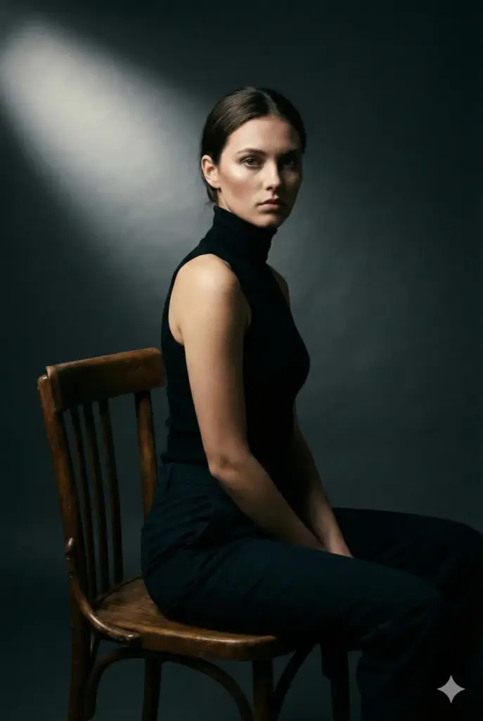 Create a studio portrait of a young woman seated sideways on a chair, turning her face toward the camera with a serious expression. She wears a fitted black sleeveless turtleneck and dark trousers. Use a single strong spotlight to create defined highlights and deep shadows. Keep the background dark charcoal for drama. Use aspect ratio 2:3.