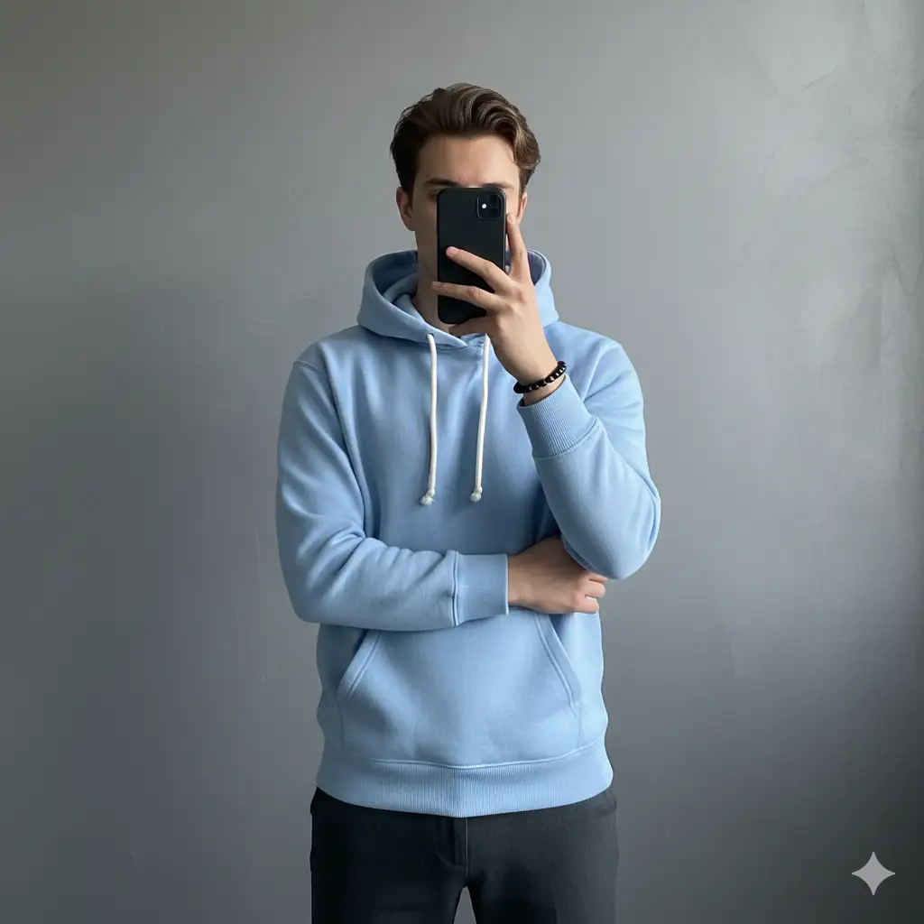 A stylish young man taking a mirror selfie in front of a sleek, dark gray modern wall. He's wearing a light blue hoodie with white drawstrings, paired with dark pants. His pose is casual yet confident, one arm crossed, the other holding a black smartphone that partially obscures his face. He wears a beaded bracelet on one wrist, adding a subtle touch of personality. The overall composition is minimalist, half body and well-balanced, with soft, natural lighting that emphasizes the smooth texture of the hoodie and the muted tones of the background. Don't show the mirror.