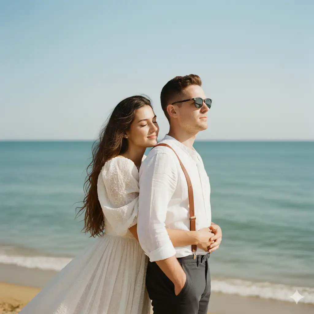A romantic couple standing on a serene beach under a clear blue sky, captured in soft natural daylight. The woman, with long dark hair and wearing a flowing off-white textured dress with puffed sleeves, lovingly hugs the man from behind. The man, wearing a white shirt, brown suspenders, dark trousers, and sunglasses, stands calmly facing the ocean with a thoughtful expression. The woman's eyes are closed, smiling softly in peaceful contentment. The gentle breeze moves their hair slightly. The background shows the blurred shoreline and calm sea, with a warm, dreamy tone emphasizing love and tranquility. The image has a cinematic feel, shallow depth of field, and soft color grading in beige, white, and aqua tones.