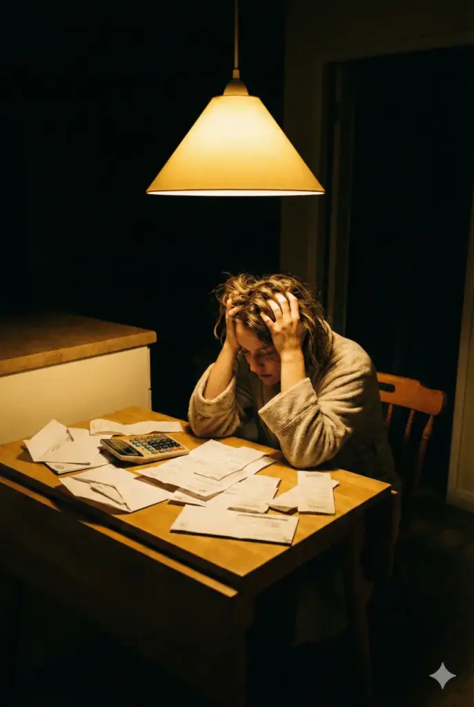 Create a poignant, realistic photograph with an aspect ratio of 2:3. The subject is a woman sitting at a small, wooden kitchen table late at night. The room is dark except for a single, warm pendant light hanging directly above the table, creating a cone of light around her. Spread out on the table are piles of open envelopes, bills, and a calculator. She has her elbows on the table and her fingers buried in her hair, pulling slightly in frustration and despair. She is wearing a simple bathrobe. The composition should emphasize the clutter of paper and her defeated posture. The color palette should use deep blacks for the surrounding room and warm, but oppressive, yellows within the light cone.