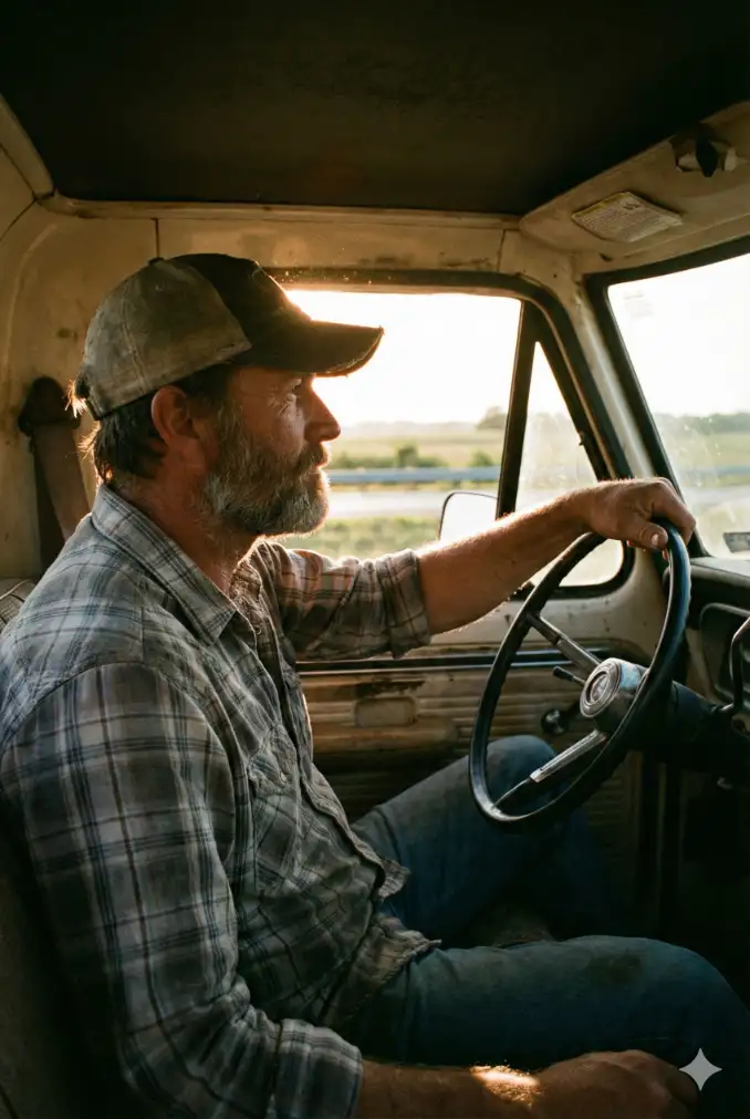 Create a documentary-style portrait of a bearded man in his 50s driving an old pickup truck. The shot is taken from the passenger seat looking at the driver. The lighting is coming from the driver's side window (golden hour sunlight), illuminating the left side of his face and his arm resting on the door. He is wearing a worn-out baseball cap and a plaid shirt. The focus is on his profile. The background through the windshield shows a blurred rural highway. Dust particles are visible floating in the shaft of sunlight inside the car. Aspect ratio: 2:3.