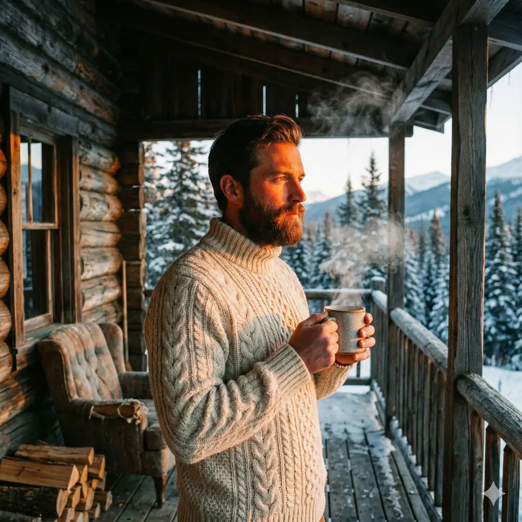 Create a rugged and atmospheric photo with an aspect ratio of 1:1 of a bearded man standing on the wooden porch of a rustic log cabin. He is wearing a thick, cable-knit cream sweater and holding a steaming ceramic mug of coffee with both hands. Steam is rising from the mug, blending with the cold winter air. The lighting is the soft, orange hue of the "golden hour" sunrise hitting his face. In the background, a majestic snow-covered pine forest stretches out, creating a peaceful and cozy winter vibe.