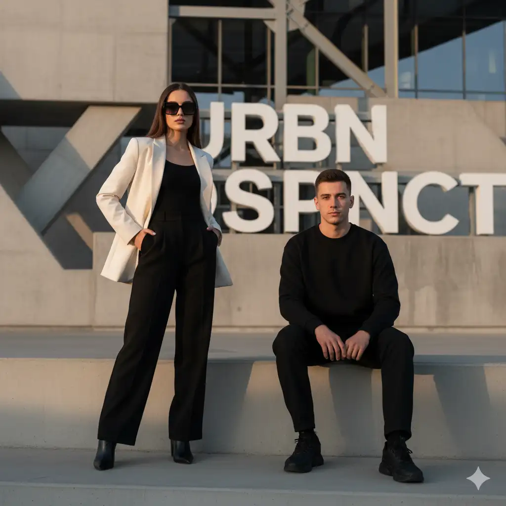 A stylish urban fashion portrait featuring two young adults posing confidently in front of a modern architectural backdrop with geometric shapes and large letters. The woman stands tall with her hands in the pockets of a cream-colored blazer paired with black trousers and heeled boots, exuding elegance and authority. She wears dark sunglasses and has long, straight hair, projecting a cool and composed demeanor. Beside her, the man sits casually on a concrete step, dressed in a minimalist black outfit, sweatshirt, pants, and sneakers, looking directly at the camera with a calm, confident expression. The setting is sleek and metropolitan, with neutral tones emphasizing the contrast between their outfits.