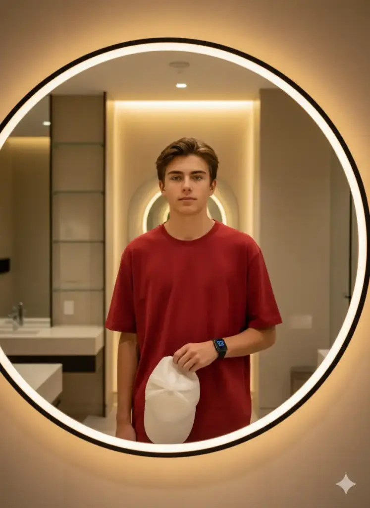 Create a photo of a teen boy standing indoors in front of a circular mirror with soft, warm lighting creating a halo effect behind him. He wears a loose-fitting red T-shirt, paired with a black smartwatch on his wrist. In one hand, he holds a white baseball cap. His expression is neutral and composed. The background consists of a modern, beige-toned bathroom or dressing room with clean lines and subtle reflections. The atmosphere is elegant yet casual, emphasizing a minimalist lifestyle aesthetic.