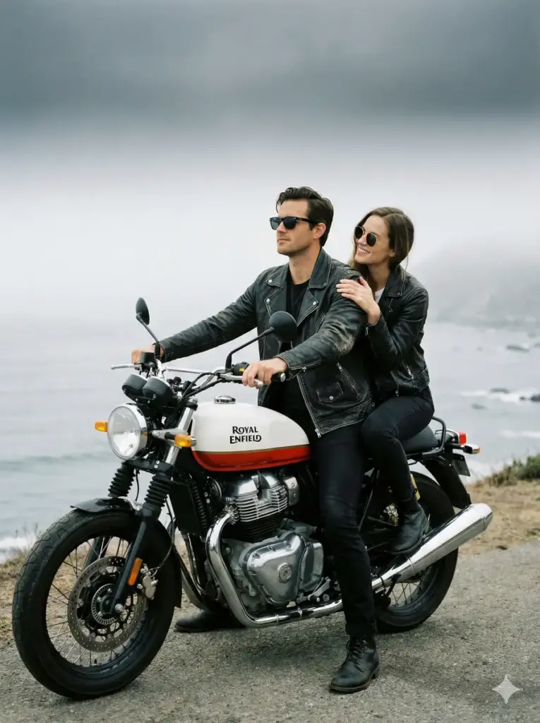 Create a cinematic, adventurous couple portrait captured on a misty, overcast coastline. The couple sits together on a classic Royal Enfield motorcycle with a white-and-red tank, parked near the shoreline. Both wear matching black outfits and black leather jackets, giving the scene a bold, biker-romance aesthetic. The man, with a confident relaxed posture, sits at the front holding the handlebars, wearing dark sunglasses and looking off into the distance. The woman sits behind him, one arm wrapped around his shoulders, smiling warmly at him while also wearing sunglasses. The background features a moody grey sky, soft fog, and the calm ocean stretching into the horizon, creating a dramatic contrast with the dark clothing. Use aspect ratio 3:4.