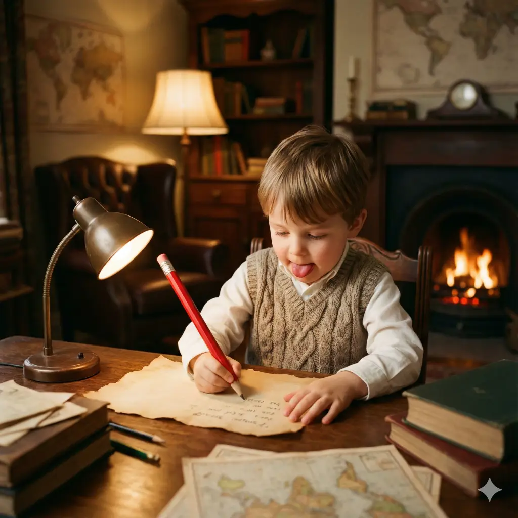 Create a nostalgic and warm photo with an aspect ratio of 1:1 of a little boy sitting at a wooden desk in a cozy study. He is gripping a large red pencil, tongue slightly out in concentration, writing a letter on vintage parchment paper. He is wearing a cable-knit sweater vest and a white shirt. A small desk lamp casts a warm pool of light on the paper, while the rest of the room is dimly lit by a fireplace in the background.