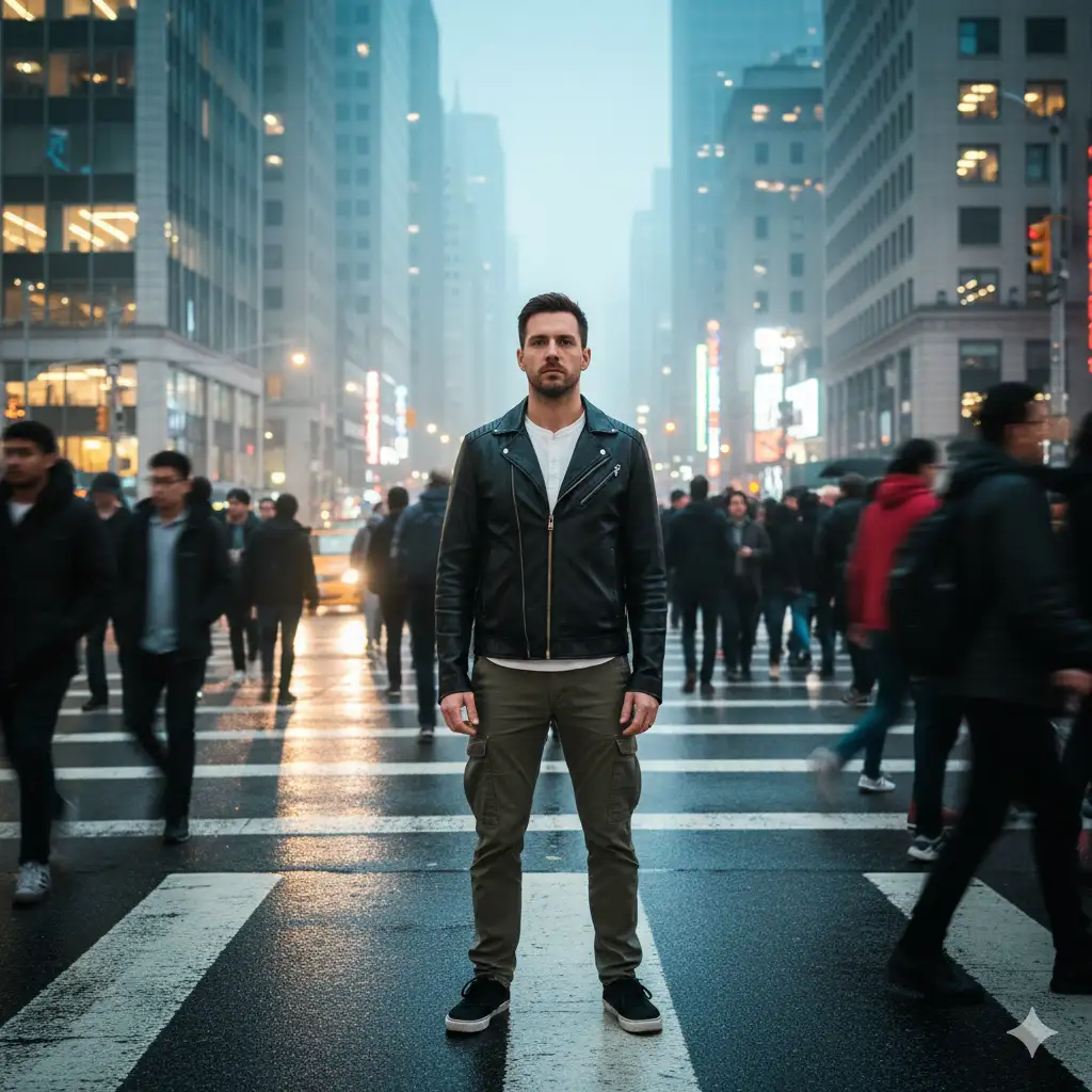 Create photo of a man stands still at the center of a busy city crosswalk during twilight, surrounded by a crowd of people in motion. The background is full of blurred figures walking in different directions, capturing the feeling of movement and chaos around him. He wears a black jacket over a white shirt, olive-green cargo pants, and black sneakers. His calm, serious expression contrasts with the surrounding blur, symbolizing isolation, focus, or introspection amidst urban life. The wet pavement reflects city lights, adding subtle texture and realism.