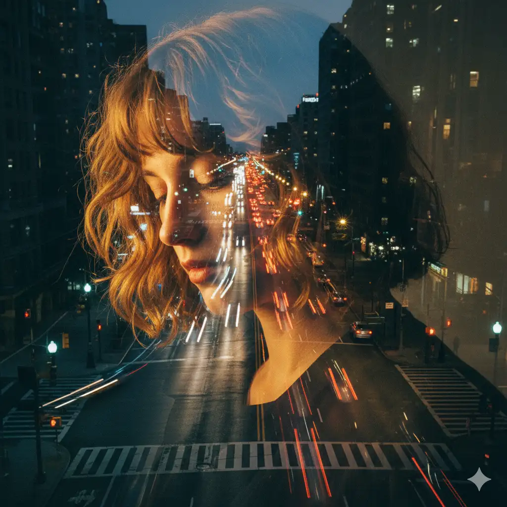 Create a cinematic double-exposure composition blending a soft, intimate portrait of a person with wavy, shoulder-length hair and a glowing nighttime city street. The portrait should appear gently illuminated with warm highlights catching the hair's curls, the figure looking downward in a quiet, contemplative pose. Through the transparent layers of the face and hair, merge a bustling urban avenue seen from above: headlights streaking along multiple lanes, cars in motion, crosswalks, streetlamps, and reflections glimmering on wet pavement. Ensure the two scenes flow into each other seamlessly—city lights glowing through strands of hair, the curve of the face echoing the rhythm of the street. Maintain a moody, reflective atmosphere with rich shadows, warm color tones, subtle film grain, and the dreamy softness characteristic of analog photography. Create a balanced harmony between introspective portrait and energetic cityscape, evoking a sense of solitude within urban motion.