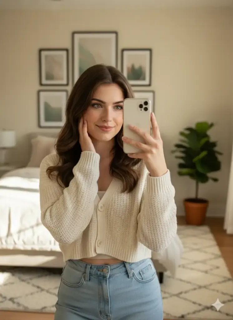 Create a cute girl photo of a girl taking a mirror selfie in a softly lit bedroom. She's wearing a cropped cardigan and jeans with minimal makeup. Her pose is casual, one hand holding the phone, the other slightly touching her cheek. The background includes a few plants, framed art, and a soft rug. The photo composition is clean and aesthetic, ideal for social media. The mirror should not be shown.