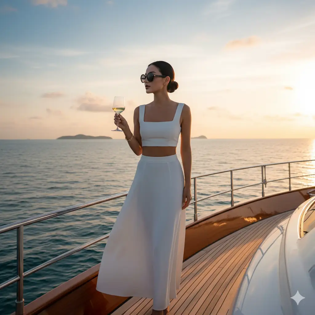Create photo of a stylish woman standing on the deck of a luxury yacht at sea, holding a glass of white wine elegantly in one hand. She wears a chic, minimalist white two-piece outfit, a fitted crop top with wide straps and a long, sleek high-waisted skirt. Her hair is tied back in a neat low bun, and she accessorizes with oversized sunglasses and a delicate bracelet. The setting sun casts a warm golden glow, illuminating the soft blue ocean and clear sky in the background. The yacht's polished wooden deck and stainless steel railings add a refined atmosphere. The mood is serene and luxurious, evoking effortless elegance and calm confidence.