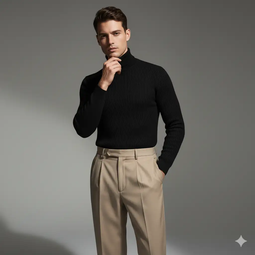Create a high-fashion cinematic studio portrait of a man posing confidently against a smooth, minimalist gray background. He wears a fitted black turtleneck and high-waisted beige trousers with sharp pleats, blending modern elegance with classic minimalism. His pose is relaxed yet intentional, one hand in his pocket, the other lightly touching his chin, conveying calm confidence and refined style. The lighting is soft and diffused, casting gentle shadows that accentuate the texture of the fabric and the contours of his face.
