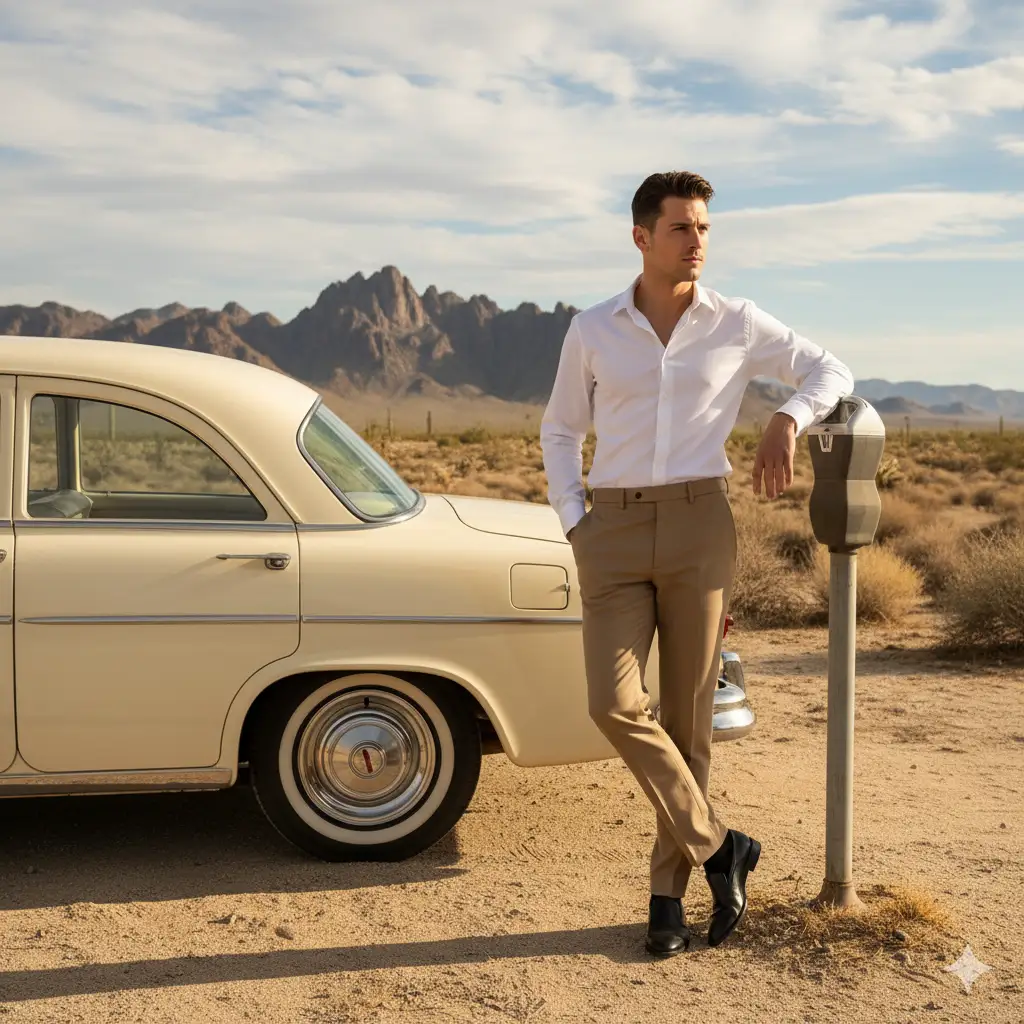 Create photo of a stylish young man posing beside a vintage beige car in a sunlit desert setting, with distant mountains and a partly cloudy sky in the background. He's wearing a crisp white button-down shirt with the top few buttons open, paired with tailored brown trousers and black loafers. One hand is in his pocket while the other rests casually on a vintage parking meter, giving off a relaxed, effortlessly cool vibe. The lighting is warm and natural, casting soft shadows that enhance the golden tones of the landscape. The mood is cinematic, evoking classic retro elegance with a modern twist.