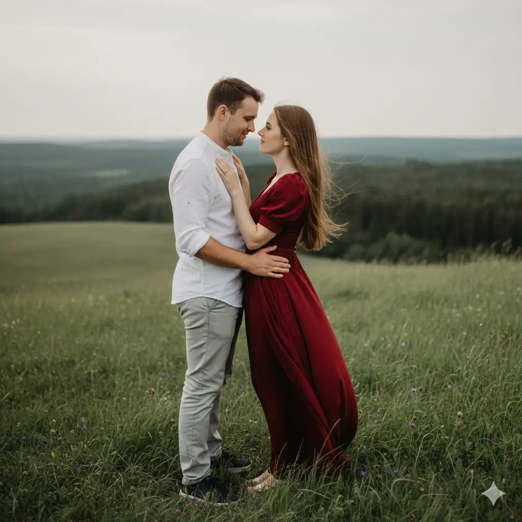 A romantic couple standing on a grassy hilltop surrounded by soft greenery under an overcast sky. The man, wearing a white textured shirt with rolled-up sleeves, light grey trousers, and black sneakers, leans forward with a loving smile, gently holding the woman by her waist. The woman, in a flowing deep red gown with short sleeves and a fitted waist, gazes up at him affectionately, one hand resting on his shoulder and the other near his neck. Her long, straight hair falls naturally down her back, catching a bit of the breeze. The muted background of distant trees and hills creates a soft, cinematic depth, highlighting the couple as the focal point.