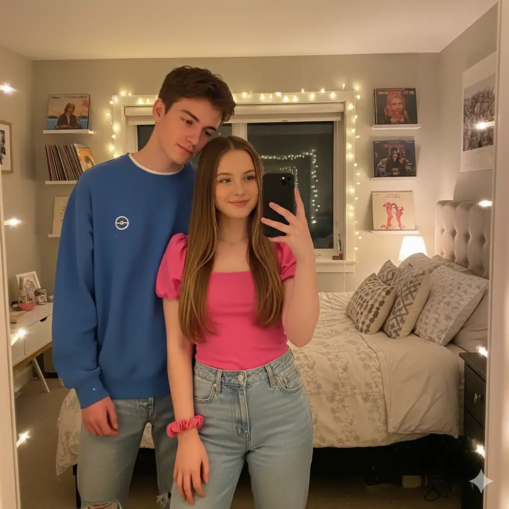 Create photo of a cozy mirror selfie of a young couple in a softly lit bedroom decorated with fairy lights and vinyl records on the wall. The girl, holding the phone, has long straight hair and wears a bright pink top with puffed sleeves, light blue high-waisted jeans, and a matching pink scrunchie on her wrist. She smiles gently at the camera. The boy stands beside her, slightly leaning his head toward her, wearing a loose blue sweatshirt with a white graphic logo and ripped jeans. The background includes a bed with patterned pillows and a soft, ambient glow from the lights, creating a warm, intimate, and homely vibe.