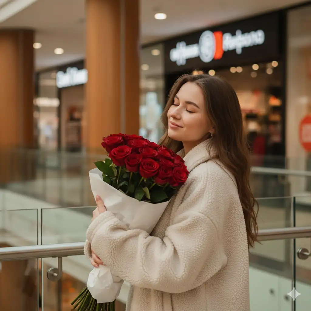 A candid, heartwarming portrait of a young woman standing in a modern indoor setting, holding a bouquet of fresh red roses wrapped in white paper. She has long, softly wavy hair and wears a cozy light-colored oversized jacket. Her expression is joyful and serene as she smiles with her eyes closed, tilting her head slightly in a moment of bliss. The ambient lighting gives the scene a warm, cinematic tone with gentle highlights on her face and hair. Behind her, the softly blurred background shows a stylish shopping mall interior with wooden pillars, glass railings, and colorful storefront signage. The image captures a spontaneous, romantic atmosphere, the beauty of an everyday moment filled with warmth and happiness.