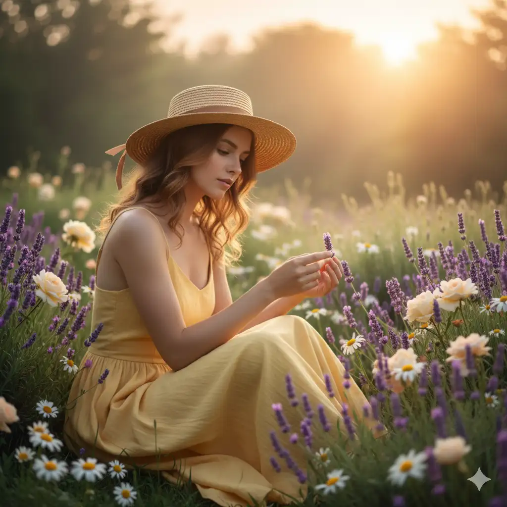 Create a photo of a young woman sitting in a blooming garden during early morning light. She wears a soft yellow sundress and a straw hat. Flowers surround her, lavender, daisies, and wild roses. She's gently touching a petal with her fingers while looking down, lost in thought. The background is lush and softly blurred with a glowing sunrise.
