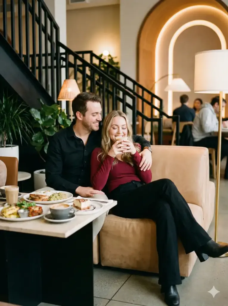 Create a candid, intimate couple portrait captured inside a modern café with warm ambient lighting. The man sits slightly behind the woman on a soft tan chair, leaning in affectionately with his arm wrapped around her shoulders. He wears a black button-down shirt and looks at her with a gentle, loving smile. The woman sits relaxed, wearing a deep red top and black flared pants, sipping a drink through a straw with her eyes closed in a playful, happy expression. A small table in front of them holds plates of food and drinks, adding to the casual date atmosphere. The background shows stylish black metal stairs, indoor plants, and soft architectural lighting that gives the scene a cozy, contemporary vibe. Use 3:4 aspect ratio.