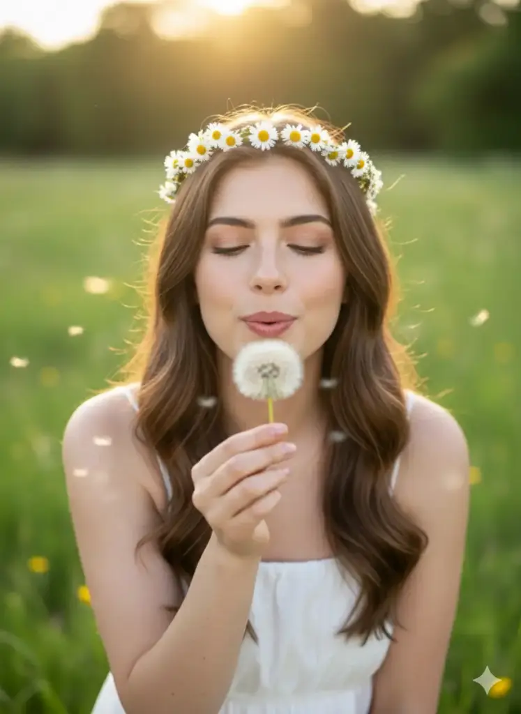 Create a close-up photo of a cute young woman. She has long hair adorned with a delicate daisy flower crown. She is wearing a simple, white cotton sundress with thin straps. Her pose is natural and candid; she is gently blowing dandelion seeds from her hand towards the camera, with her eyes closed and a soft, contented smile on her face. The background is a lush, green meadow with the sun creating a beautiful lens flare just behind her head. The composition is tight on her face and shoulders, emphasizing her joyful expression and the delicate details of the flowers and dandelion seeds.