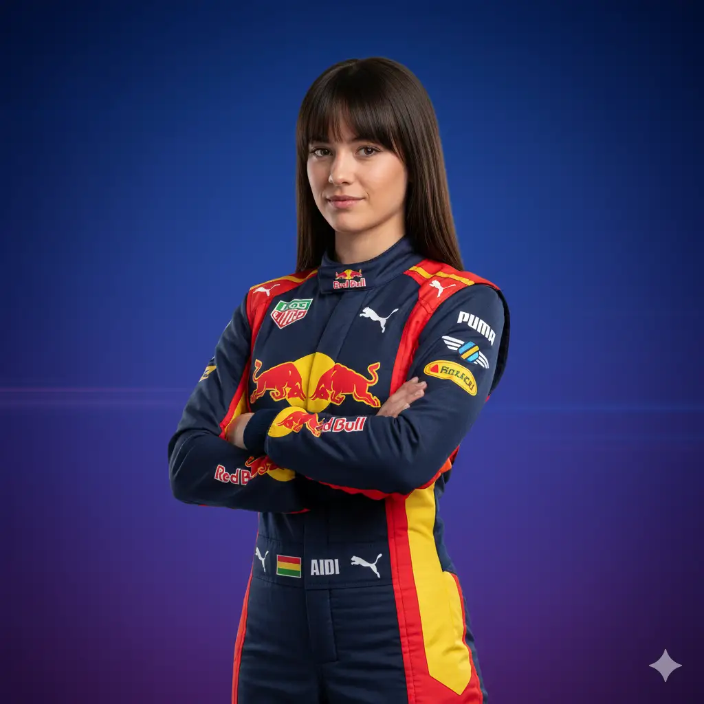 Create a photo of confident young woman stands with her arms crossed, wearing a sleek professional racing suit emblazoned with vibrant sponsor logos, including Red Bull, Puma, and other motorsport insignias. The suit is dark navy with striking red, yellow, and orange accents, symbolizing energy and power. She poses against a dramatic gradient background transitioning from electric blue to deep violet, illuminated with soft, even lighting that highlights her determined expression and athletic stance. Her straight, dark hair frames her face neatly with bangs, and she exudes a strong sense of focus and determination, embodying the spirit of competition and excellence in motorsport.
