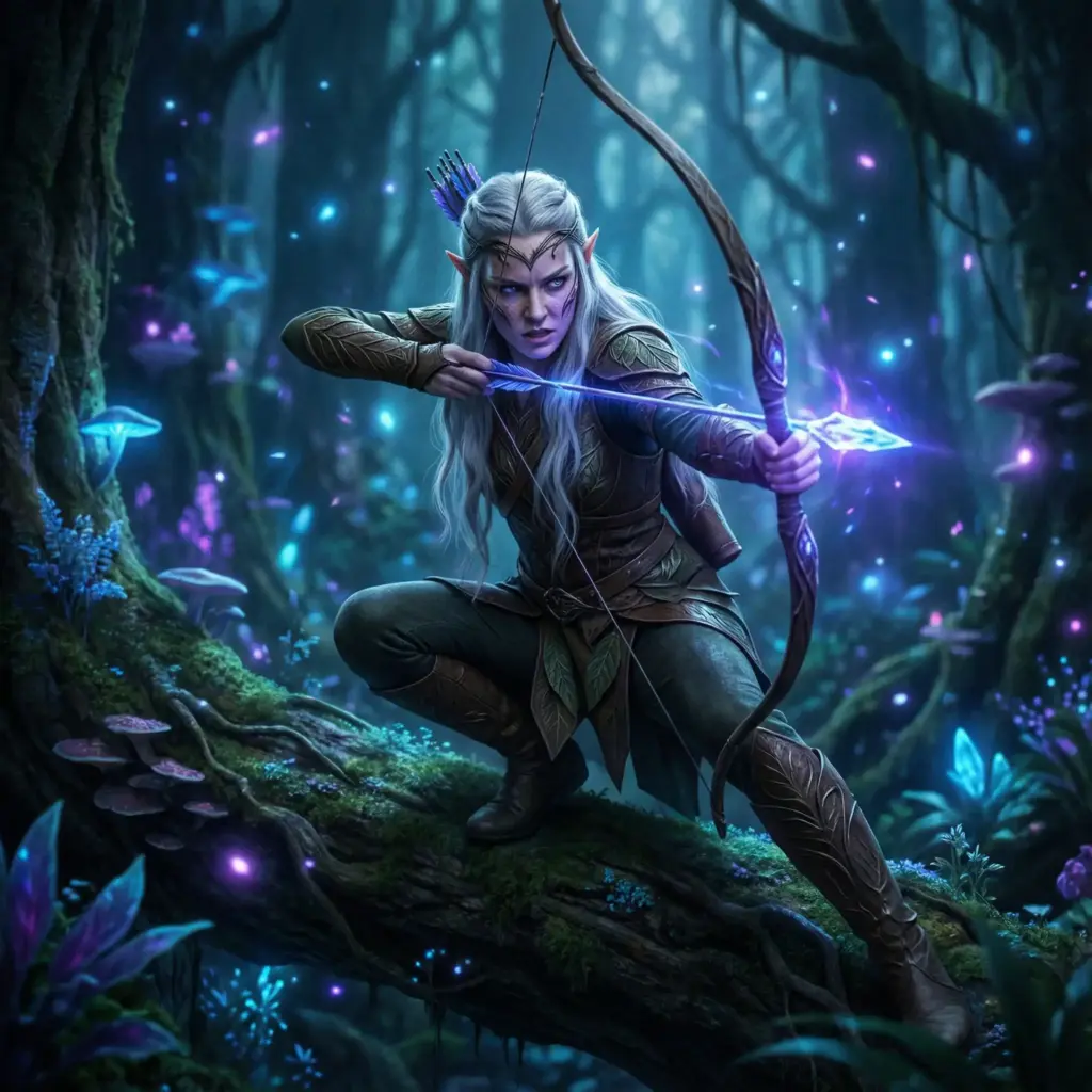 Create an ethereal cinematic shot from a high-fantasy blockbuster. An elven archer crouches on a thick tree branch in a magical, bioluminescent forest. She has long silver hair, pointed ears, and wears intricate leather armor with leaf motifs. She is drawing a glowing crystal arrow on a wooden bow, aiming downward. Her expression is fierce and concentrated. The forest around her glows with soft blue and purple phosphorescent plants. The lighting is low-key, with the primary light source coming from the glowing arrow tip, illuminating her face. Aspect ratio 1:1.