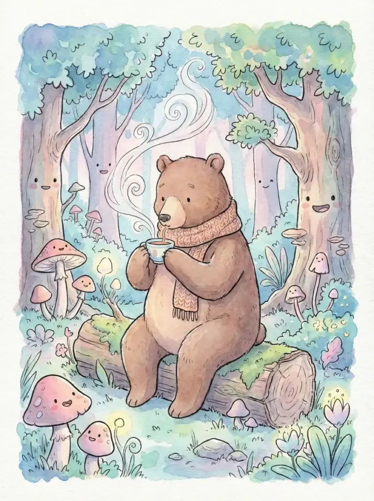 Create a whimsical watercolor storybook illustration of a brown bear wearing a scarf, sitting on a log in a forest drinking tea. The art should feature soft, painterly edges, gentle ink wash outlines, and a pastel color palette. The texture of cold-press paper should be visible, creating a gentle atmosphere in a vertical 3:4 aspect ratio.