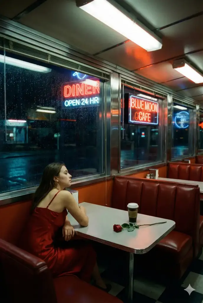 Create a cinematic photograph with an aspect ratio of 2:3. The scene is set inside a retro-style American diner late at night. The subject is a young woman sitting alone in a red leather booth. Across from her is an empty seat with a cup of coffee that has gone cold and untouched. She is dressed up as if for a date, wearing a red silk dress, but her posture is slumped, and she is looking out the window at the dark street. The lighting relies on the neon signs outside reflecting on the window glass and the harsh overhead diner lights. The color palette should contrast the warm, artificial interior reds with the cold, dark blues of the night outside.