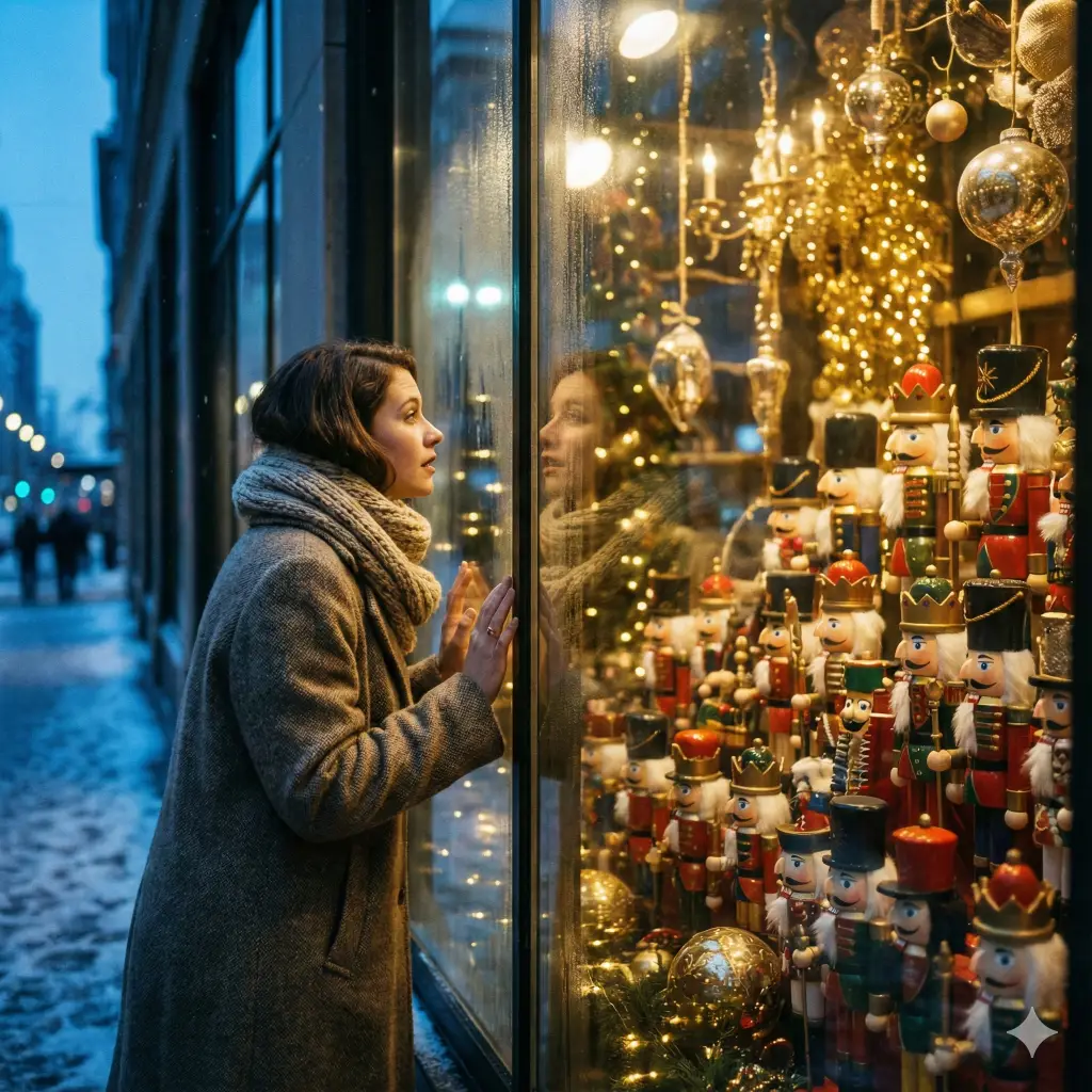 Create a nostalgic and beautiful photo with an aspect ratio of 1:1 of a woman gazing into a lavishly decorated department store window. The shot is taken from the outside looking in, alongside the display of nutcrackers and lights. She is bundled up in a thick scarf and wool coat, her hands pressed against the glass. The lighting combines the cool blue of the street with the warm gold of the window display, creating a stunning contrast.