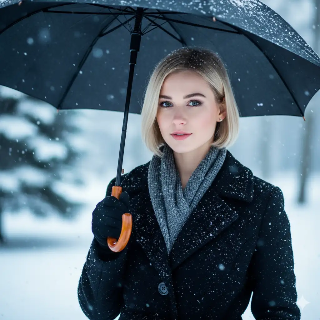 Create a cinematic winter portrait of a young woman standing outdoors in falling snow, holding a black umbrella above her. She has a sleek, chin-length blonde bob that frames her face, with soft snowflakes settling lightly on her hair and coat. Her expression is calm and confident, with subtle, well-defined makeup and a gentle smile. She wears a black wool coat layered with a charcoal-gray scarf, both dusted with snow. She grips the umbrella's wooden curved handle with one hand, adding a classic, timeless touch to the scene. The background is softly blurred with cool winter tones, white snow, faint silhouettes of trees, and gentle snowfall drifting through the air. Soft natural light illuminates her face, creating a refined, elegant, high-resolution winter portrait with a moody, stylish atmosphere.