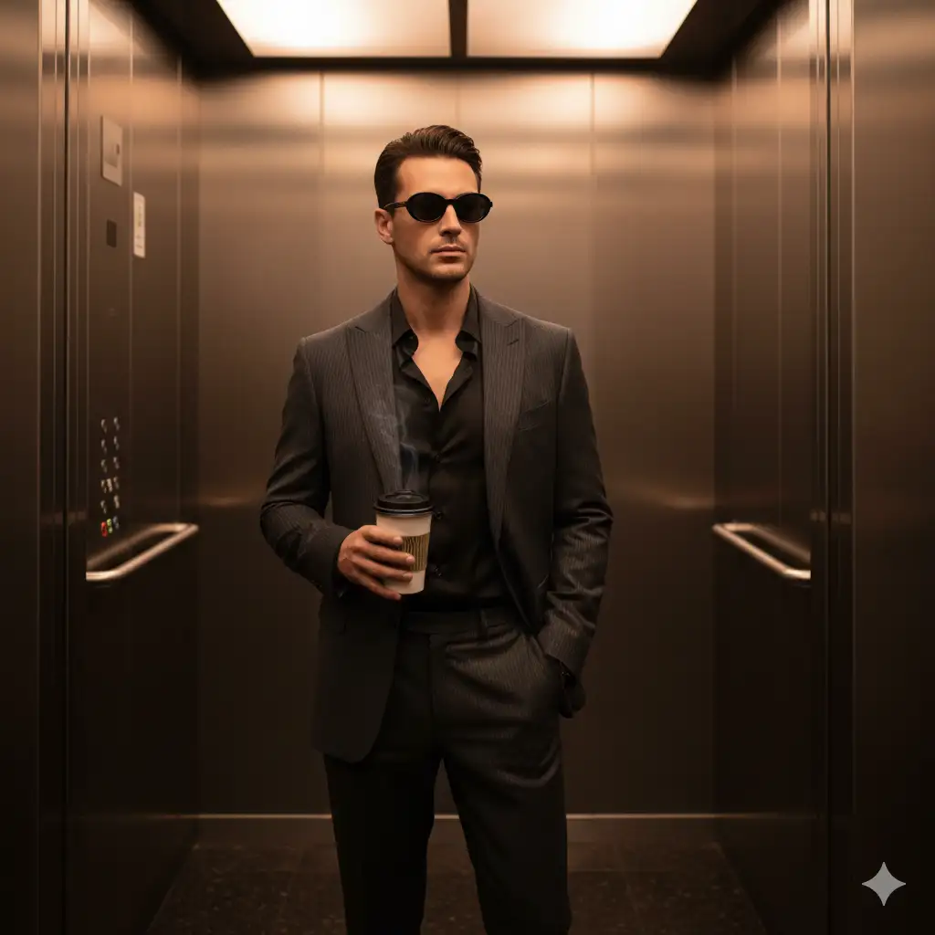 Create a cinematic, fashion-forward portrait of a stylish man standing inside a sleek metallic elevator, bathed in warm, diffused lighting. The man wears a dark pinstriped suit with a black shirt unbuttoned slightly at the top, blending vintage elegance with modern cool. He holds a takeaway coffee cup in one hand and wears dark sunglasses, exuding a mysterious, effortlessly confident presence.
