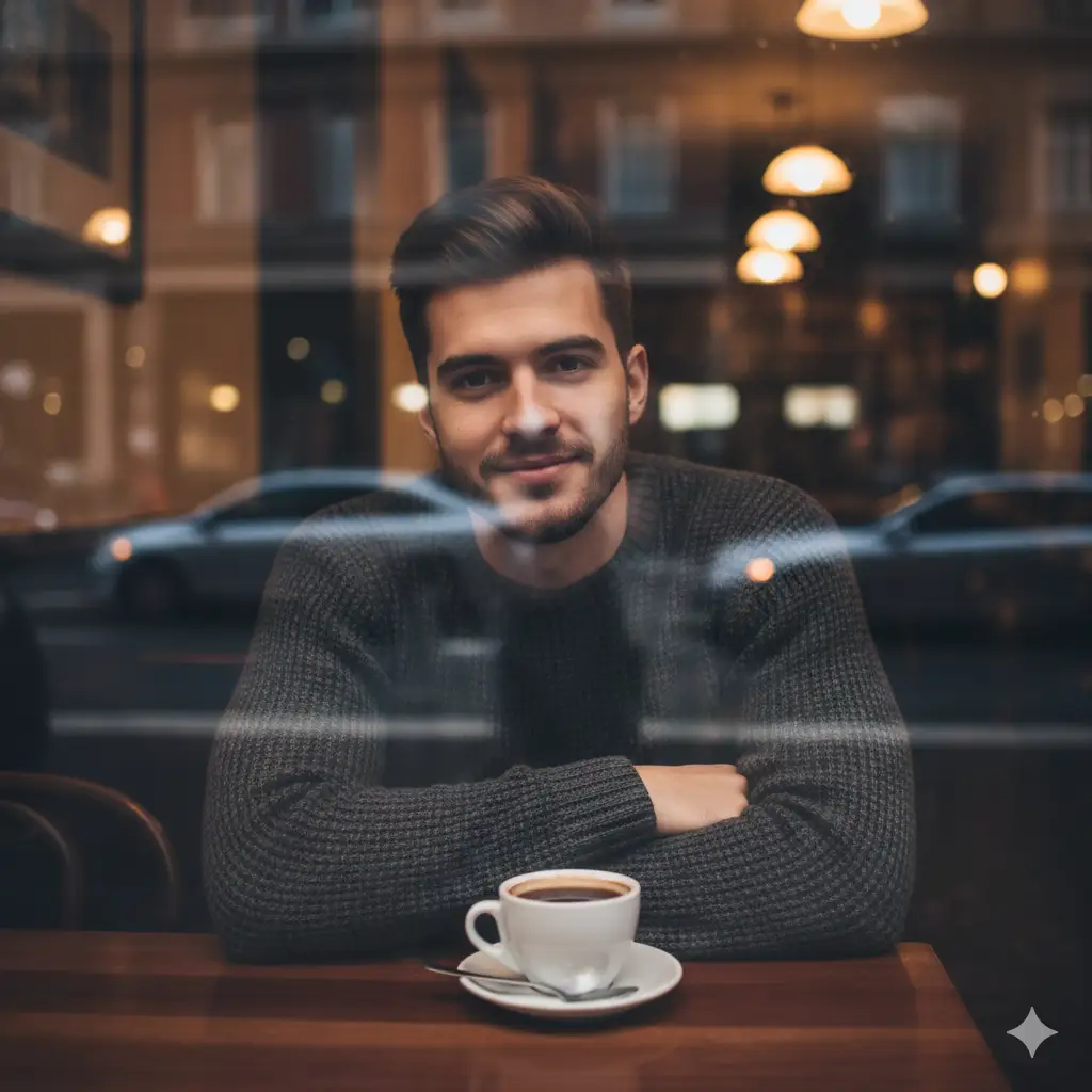 Create photo of a young man sitting inside a cozy café, viewed through a window that reflects soft city lights and blurred shapes from the street outside. He leans casually on a wooden table with folded arms, looking toward the camera with a calm, friendly expression. He has short, neatly styled dark hair and a trimmed beard, wearing a textured dark sweater. A cup of coffee sits in front of him on the table. The warm, ambient lighting of the café creates a cinematic atmosphere with soft bokeh from overhead lamps and a slightly moody, intimate tone.