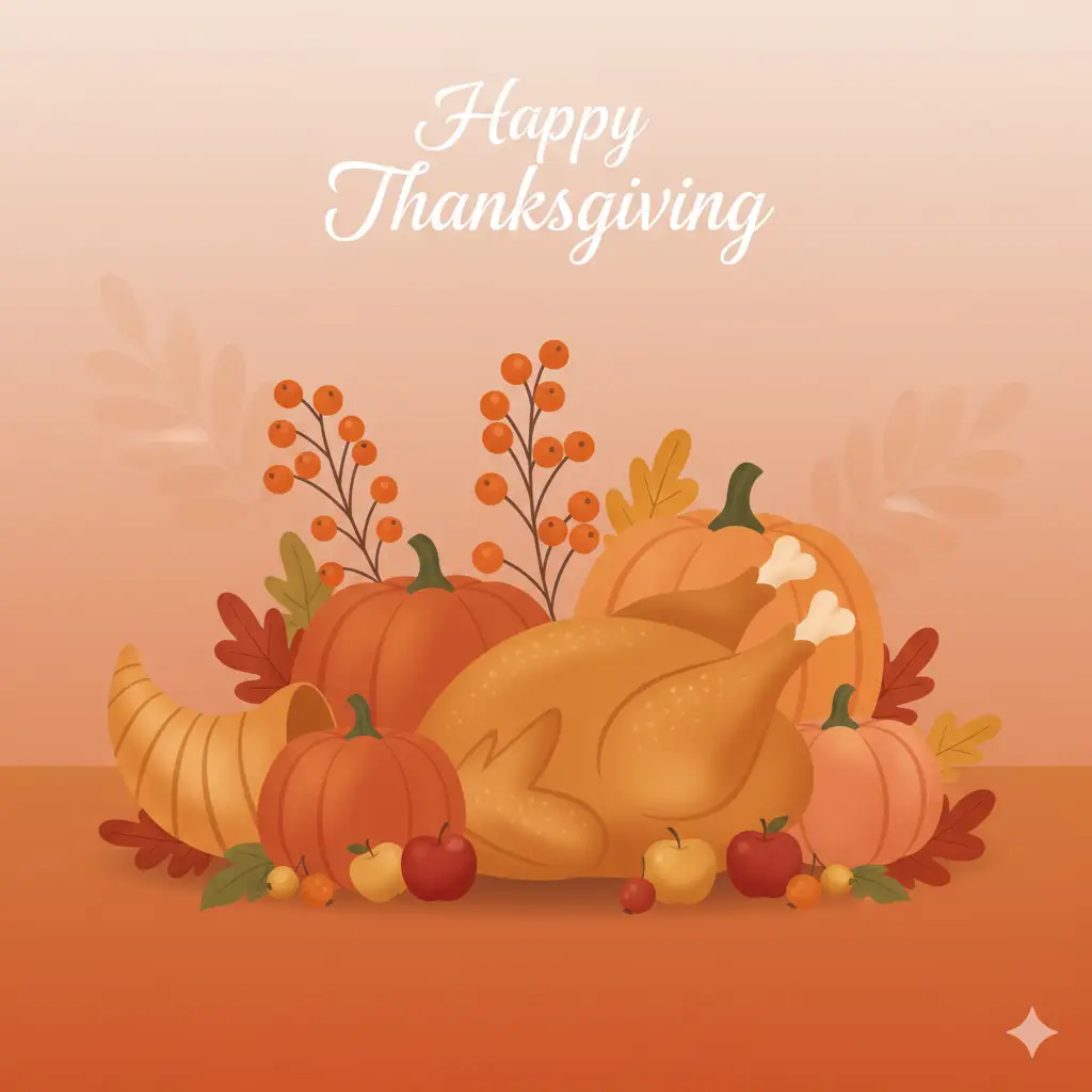 Create a warm, festive Thanksgiving-themed illustration in a soft, modern, semi-flat art style. The composition should feature an arrangement of autumn harvest elements placed centrally: multiple pumpkins in varying sizes and shades of orange, a large cornucopia-shaped gourd with gentle ridges, and a roasted turkey with two drumsticks visible. Add small apples or crabapples near the base, along with scattered fall leaves in oranges, browns, and muted greens. Include delicate berry stems with round, orange berries rising behind the pumpkins for vertical interest. Set the arrangement against a smooth gradient background that transitions from deep orange at the bottom to a lighter peach tone at the top, with subtle leaf silhouettes fading into the backdrop. At the top of the illustration, place elegant white script text reading 'Happy Thanksgiving.' Maintain a warm, glowing, seasonal atmosphere with soft shadows, blended edges, and harmonious autumn hues.