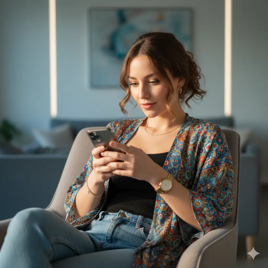 Create a candid indoor portrait of a young woman sitting comfortably and looking down at her phone with a gentle, focused expression. She wears a colorful patterned kimono-style cardigan layered over a black sleeveless top and denim jeans. Her brown hair is loosely tied back, with soft strands falling around her face, illuminated by warm, natural lighting that enhances her calm and thoughtful demeanor. The background features a softly blurred modern interior with subtle lights and cool tones, adding depth without distraction. Accessories like a gold wristwatch, a delicate bracelet, and small earrings subtly accentuate her relaxed yet stylish appearance.