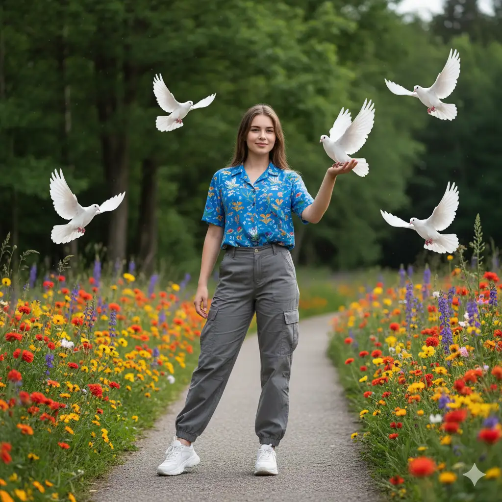 Create a lively outdoor portrait of a young woman standing on a roadside lined with colorful blooming flowers, surrounded by flying white doves. She wears a bright blue printed shirt, gray cargo pants, and white sneakers, striking a relaxed and confident pose. One dove perches gently on her hand while others flutter gracefully around her. The background shows lush green trees, adding a fresh, natural contrast to the vivid flowers in the foreground. The atmosphere feels peaceful and full of life, capturing a moment of harmony between human presence and nature.
