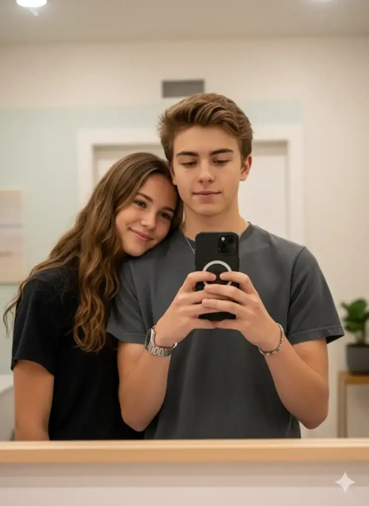 Create photo of a teen couple taking a cozy mirror selfie in a softly lit indoor setting with a minimalist, light-colored background. The girl stands behind the boy, resting her head gently on his shoulder with a warm, affectionate smile. She has long, wavy hair and wears a simple black T-shirt. The boy stands in front, holding the phone, wearing a dark gray T-shirt, a silver chain, a wristwatch, and a beaded bracelet. His expression is calm and composed, with slightly tousled hair styled upward. The composition captures a natural, intimate moment that feels warm, modern, and genuine.