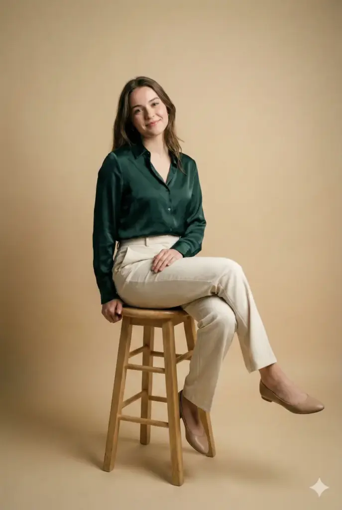 Create a studio portrait of a young woman seated on a simple stool with one leg crossed over the other. She wears a satin deep-green blouse with long sleeves and high-waist cream trousers. Her posture is graceful and slightly angled toward the camera. Lighting should be soft and diffused with a bright key light from the front and gentle shadows under the jawline. Use a warm beige background for a refined look. Use aspect ratio 2:3.