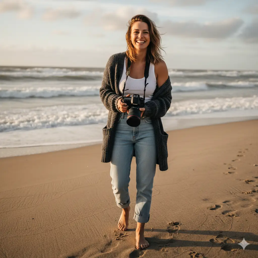 Create a candid, sunlit portrait of a woman standing barefoot on a sandy beach near the ocean's edge, holding a professional camera and smiling warmly toward the viewer. She wears a white tank top, loose jeans with wet hems, and a cozy dark cardigan draped casually around her arms. The soft morning or late-afternoon light casts long shadows across the sand, while gentle waves roll onto the shore behind her. Her relaxed pose and genuine smile create an authentic, carefree mood, perfectly blending creativity and coastal tranquility.