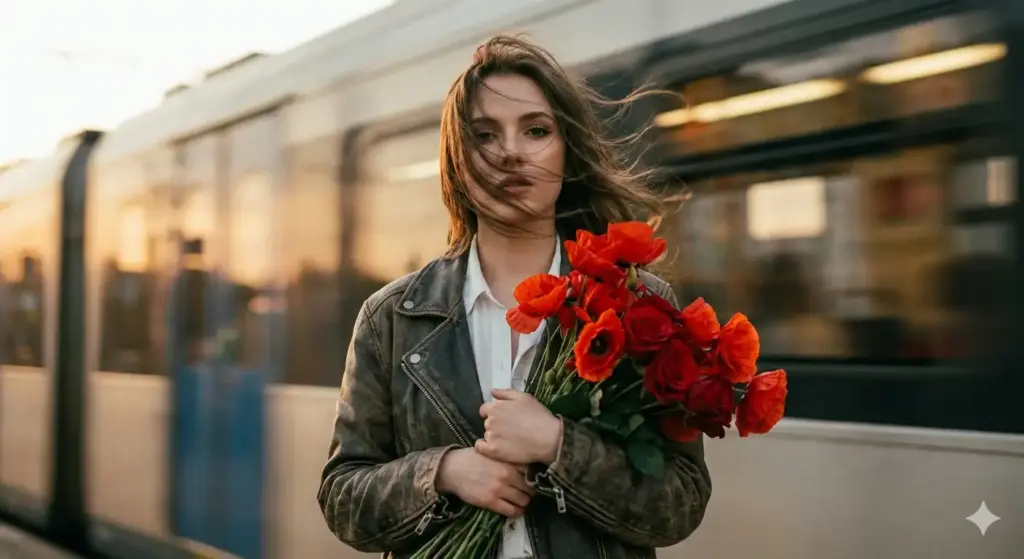 Create a stylish cinematic portrait of a young woman with windswept hair holding a bouquet of vivid red flowers, standing against a blurred moving train background. Shot in warm golden lighting, shallow depth of field, film grain aesthetic, leather jacket and white shirt, moody and dramatic atmosphere.