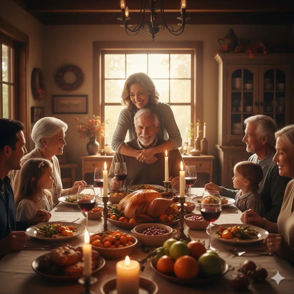 Create photo of a warm, intimate Thanksgiving gathering set inside a cozy, softly lit home. At the center of the scene, a joyful middle-aged woman embraces an older man from behind, both smiling warmly as they stand near a festive dining table. Around the table sit several family members of varying ages, including children and adults, all engaged in conversation and sharing a sense of togetherness. The table is filled with classic holiday dishes, golden roasted turkey, vegetables, fruits, and candles that cast a gentle glow across the food. The atmosphere features golden, late-afternoon light filtering in from a window in the background, adding warmth to the rustic interior with wooden textures, aged cabinetry, and subtle décor. Glasses of red wine, flickering candles, and soft-focus foreground elements create a cinematic depth-of-field. The overall mood is heartfelt, celebratory, and full of family connection.