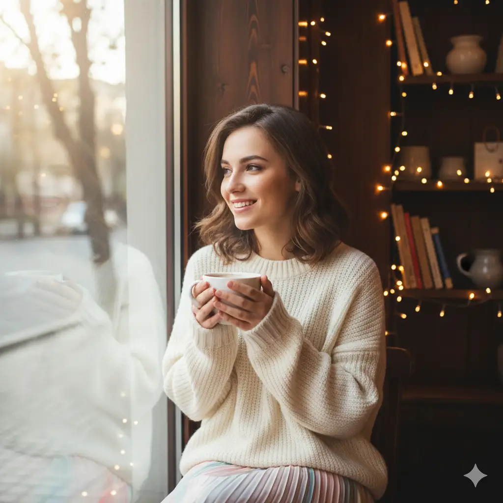 Create a cute girl photo of a cheerful young woman sitting by the window in a cozy café, wearing an oversized cream sweater, a pleated pastel skirt, and soft makeup. She's holding a cup of coffee with both hands, smiling naturally while looking outside. The background shows warm fairy lights and wooden décor. The photo has soft morning lighting with a shallow depth of field to blur the background and highlight her gentle expression.