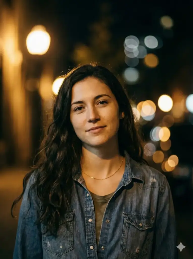 Create photo of a young woman stands outdoors at night, captured in a close-up, softly lit portrait with a shallow depth of field. She has long, slightly tousled dark hair that frames her face naturally. Her expression is calm and confident, with a subtle, relaxed half-smile. She wears a slightly open, faded denim shirt with a casual, textured look, and a delicate gold necklace that glimmers softly in the light. Warm streetlights behind her create a dreamy bokeh effect, filling the background with blurred circular glows in amber and silver tones. The lighting is cinematic and directional, and hair while leaving the background atmospheric and moody. The overall aesthetic is intimate, modern, and portrait-photography–focused, with a blend of soft realism and nighttime ambience. Use aspect ratio 3:4.