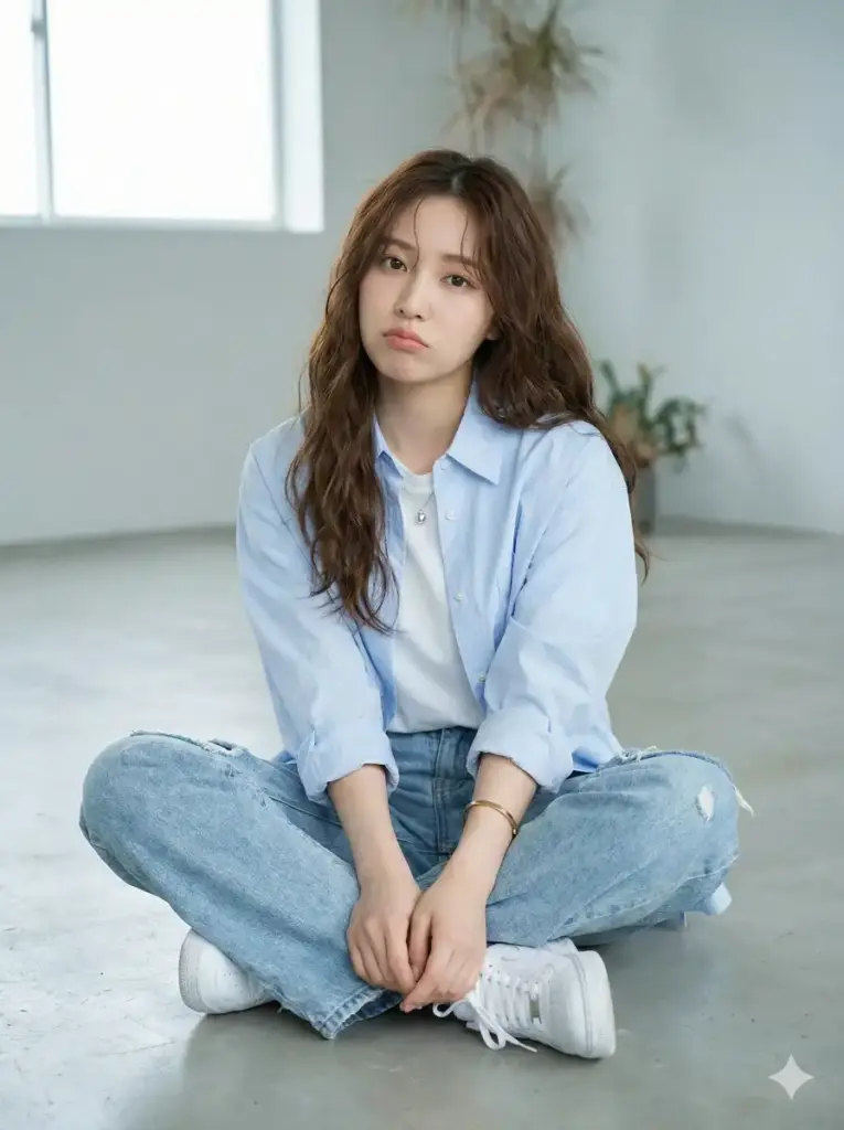 Create photo of a young woman sits cross-legged on the floor in a minimalist studio with a soft grey background. She wears light blue, loose-fitting clothing: an oversized button-up shirt layered over a white top, paired with baggy, ripped light-wash jeans. Her long, smooth hair falls over one shoulder in soft waves, catching a gentle studio light. She makes a subtle pouty expression, giving the portrait a playful yet slightly moody charm. Her hands rest loosely in front of her, fingers interlaced. She wears delicate accessories, a simple necklace with a small pendant and a bracelet that adds a touch of understated elegance. On her feet are white sneakers that blend with the clean, neutral surroundings. The overall mood is soft, youthful, and modern, with a relaxed editorial style and evenly diffused lighting that highlights her features and the textures of her outfit. Use 3:4 aspect ratio.