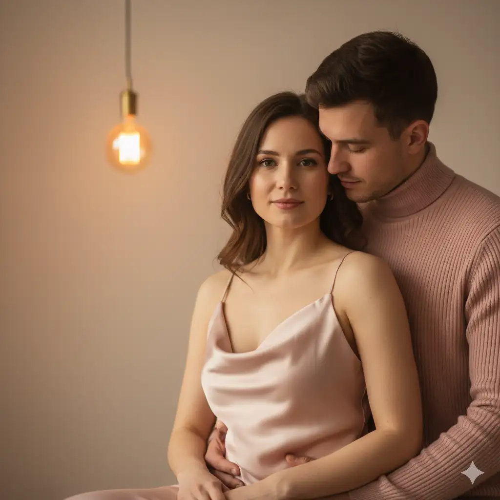 A soft, intimate portrait of a couple captured in a warm, softly lit indoor setting. The woman stands in front, looking gently at the camera with a serene expression, while the man stands behind her, leaning close with a tender, affectionate gesture. Their faces are near, suggesting quiet closeness and love. The woman wears a pale pink satin camisole dress, and the man wears a blush pink ribbed turtleneck sweater, their coordinated outfits adding a romantic, harmonious tone to the scene. The background is softly blurred, with a warm glowing light bulb adding a dreamy ambiance. The color palette features muted pinks, creams, and warm beige, evoking feelings of tenderness and calm intimacy.