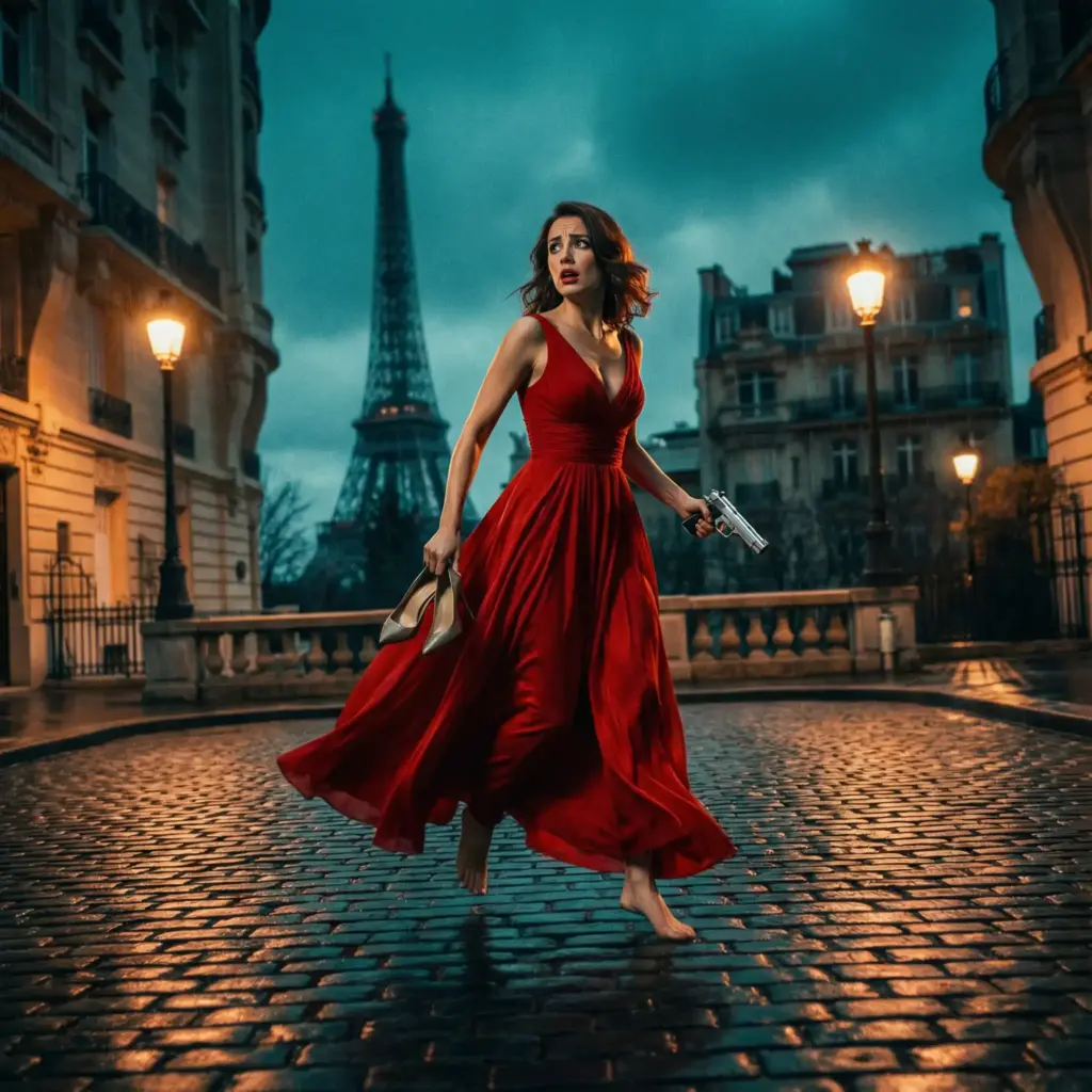 Create a dynamic cinematic shot from a high-octane spy movie. An elegant woman in a red evening gown is running barefoot across a wet cobblestone street in Paris at night. She is holding her high heels in one hand and a silver pistol in the other. Her dress flows dynamically behind her. She looks back in panic. Street lamps cast long, dramatic shadows. The image should have a "teal and orange" Hollywood color grade. Use a low camera angle to make her look powerful despite her fear. Motion blur on the background to indicate speed. Aspect ratio 1:1.