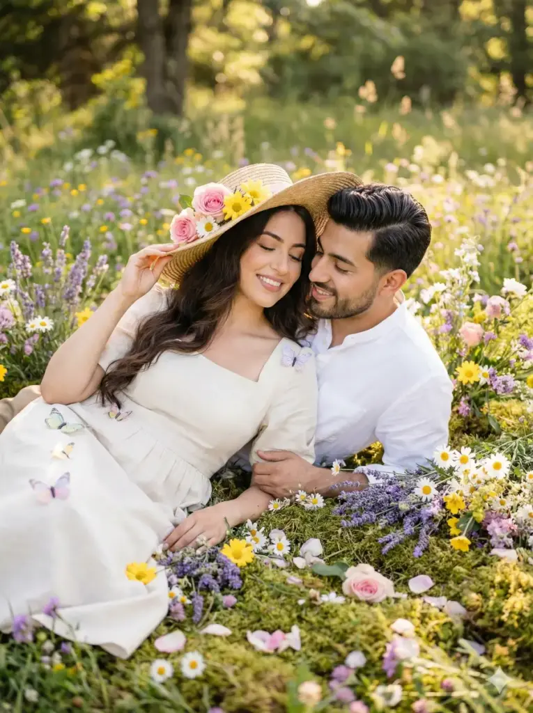 Create a romantic outdoor portrait of a couple lying side-by-side on a lush meadow covered in soft green moss and vibrant spring flowers. The woman has long, wavy dark hair and a serene, gentle smile, wearing a cream-colored dress with a square neckline. She wears a straw hat adorned with fresh pink roses and yellow daisies. Delicate pastel butterflies rest on her dress and nearby flowers. The man beside her has well-groomed dark hair and a short beard, wearing a simple white shirt. Both subjects lie with eyes closed, faces relaxed, bathed in warm golden sunlight. Surround them with clusters of lavender, daisies, wildflowers, and scattered rose blossoms. Use aspect ratio 3:4