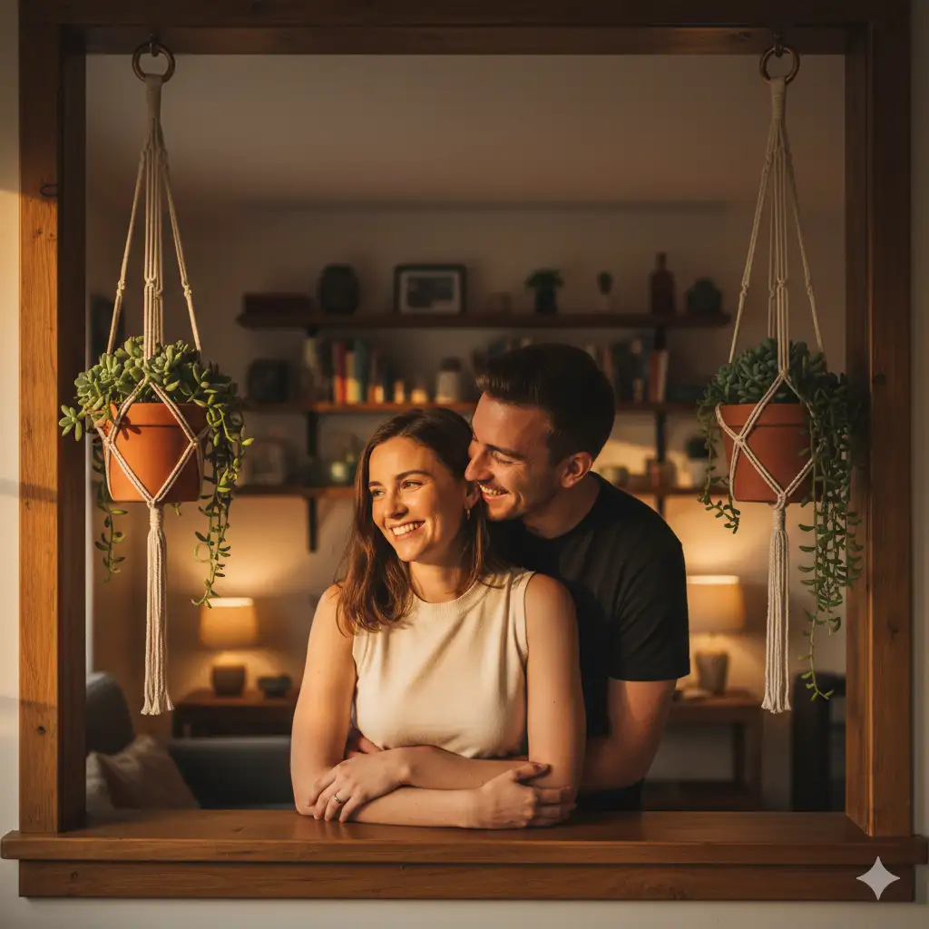 A warm and intimate portrait photo of a smiling young couple standing together by a wooden window frame in a cozy, sunlit home. The woman is leaning slightly forward on the window ledge, wearing a sleeveless beige top that catches the soft golden light of sunset. The man stands just behind her, leaning in affectionately with a cheerful expression, wearing a black t-shirt. Two hanging macramé planters with green succulents frame the couple on either side, adding a touch of natural charm to the scene. The background shows a softly blurred interior with bookshelves and warm ambient lighting, creating a relaxed and welcoming atmosphere. The overall mood is tender, joyful, and effortlessly romantic, a candid moment of connection in golden-hour light.