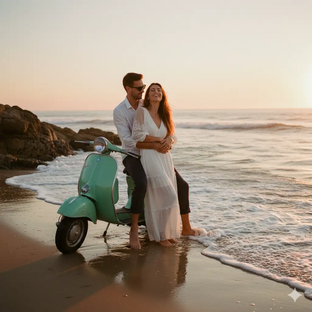 A romantic beach scene at sunset featuring a couple standing barefoot at the water's edge beside a vintage mint-green Vespa scooter. The man, wearing sunglasses, a white shirt, and dark trousers, sits slightly on the scooter while holding the woman affectionately from behind. The woman, dressed in a flowing white dress with lace details, smiles with her head tilted back in joy as gentle waves wash over their feet. The golden sunlight casts a warm, nostalgic glow over the couple, the sea, and the sand, creating a dreamy and timeless atmosphere. The background shows calm waves, soft foam, and rocky formations to the side, with a hazy horizon that fades into the evening light.