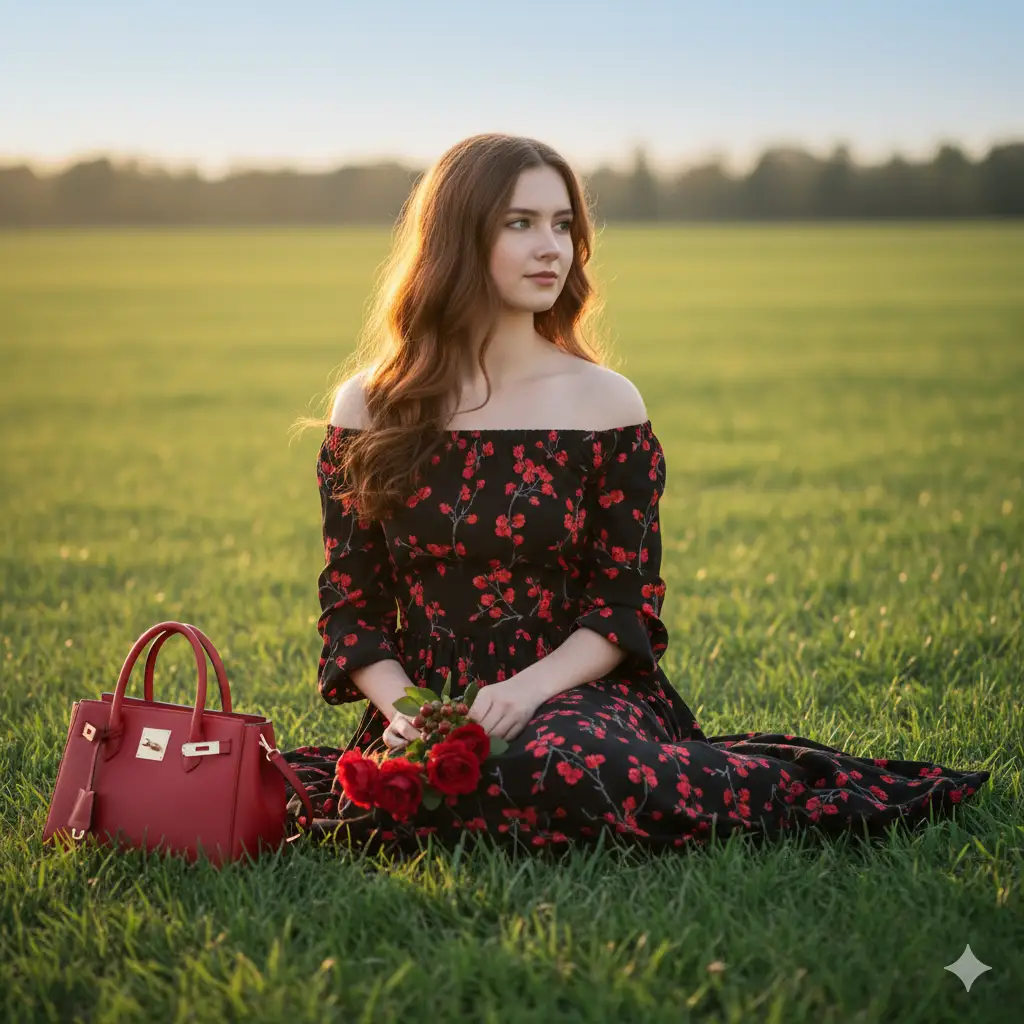 Create a serene outdoor portrait of a young woman sitting gracefully on a lush green field under soft evening sunlight. She wears a long black off-shoulder dress adorned with delicate red cherry patterns, her wavy auburn-brown hair cascading elegantly over her shoulders. She holds a small bouquet of red flowers in her hands, resting gently in her lap. Beside her lies a chic red handbag that complements the cherry details on her dress. The background features a soft blur of open landscape and trees beneath a pale blue sky, creating a calm and romantic atmosphere. The composition is balanced, with warm lighting that enhances her natural glow and the harmony of red and green tones.