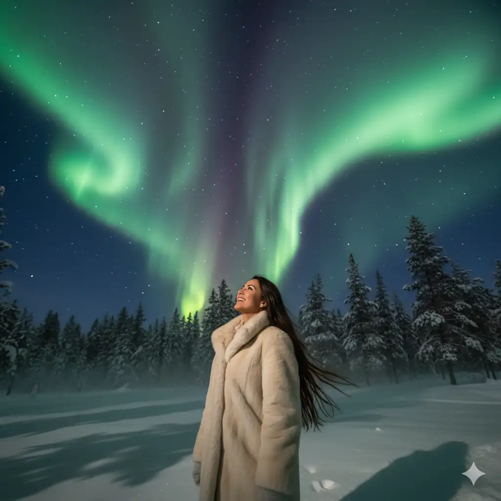 Create a magical nighttime winter portrait of a woman standing outdoors beneath a vibrant display of the Northern Lights. She wears a luxurious, light-beige faux-fur coat that adds warmth and texture against the cold arctic environment. Her long dark hair falls naturally around her shoulders, and she gazes upward with a bright, joyful smile, illuminated softly by the ambient glow of the aurora. Behind her, snow-covered pine trees form a dark, textured silhouette against the sky. The Northern Lights swirl in luminous ribbons of green and soft yellow, stretching across a deep blue star-filled night sky.