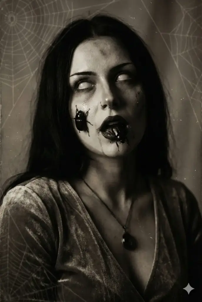 Create a haunting portrait photo of a gothic woman with a possessed, otherworldly expression. Her eyes are rolled back to reveal only the whites, creating a chilling, supernatural effect. Dark lipstick frames her open mouth as a large insect, such as a cockroach or beetle, emerges from her lips, while another crawls across her cheek. Her expression is eerie yet entranced, as if under a dark spell or in the midst of transformation. The lighting is stark and moody, casting dramatic shadows that emphasize the contours of her face and the wet, glistening texture of the insects. Subtle details, like a small nose ring and minimal jewelry, add realism and depth. A faint spiderweb pattern overlays the corners of the image, framing the composition and enhancing the gothic horror tone. The overall atmosphere feels like a blend of vintage horror photography and fine-art surrealism, a portrait of beauty corrupted by decay. Use portrait aspect ratio.